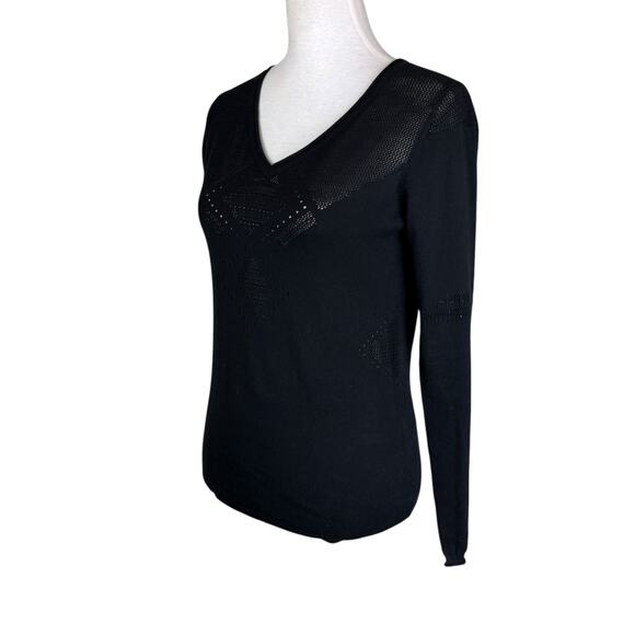 Worth New York Black Long Sleeve 100% Cotton Open Knit Cut Out V-Neck Sweater - Picture 3 of 11